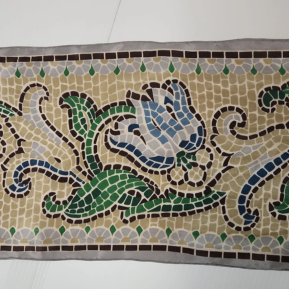 The Vera Studio silk scarf mosaic floral print blue green beige rectangular